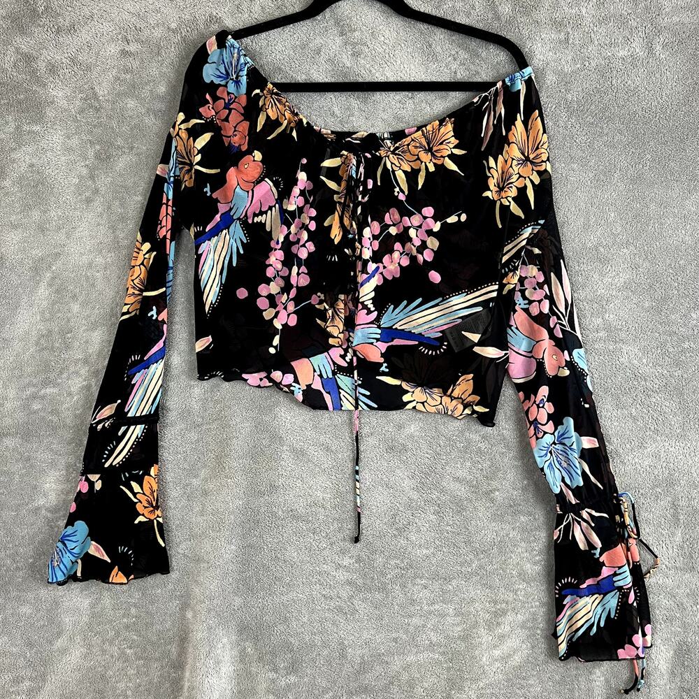 Free People Of Paradise Blouse Womens M Tropical Floral Sheer Bell Sleeve Boho